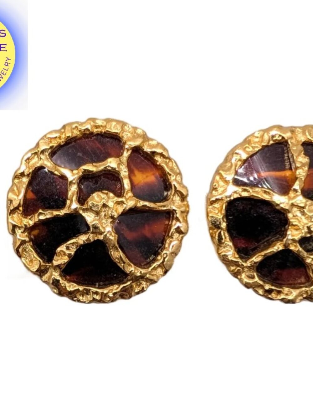 Vintage 1970s Signed Crown Trifari Round Goldtone Faux-Tortoise Clip Earrings